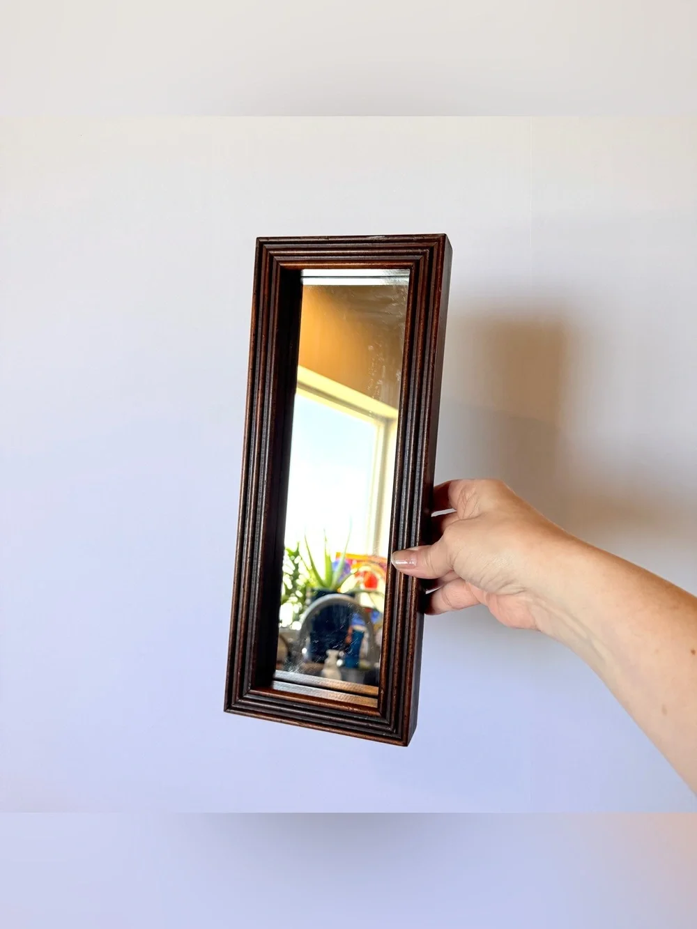 Vintage Dark Brown Wood Framed Wall Mirror Rectangular Accent Mirror 13.25 x 5.2